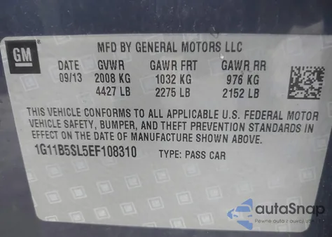 2014 Chevrolet Malibu 1Ls z USA, uszkodzony, nr VIN 1G11B5SL5EF108310